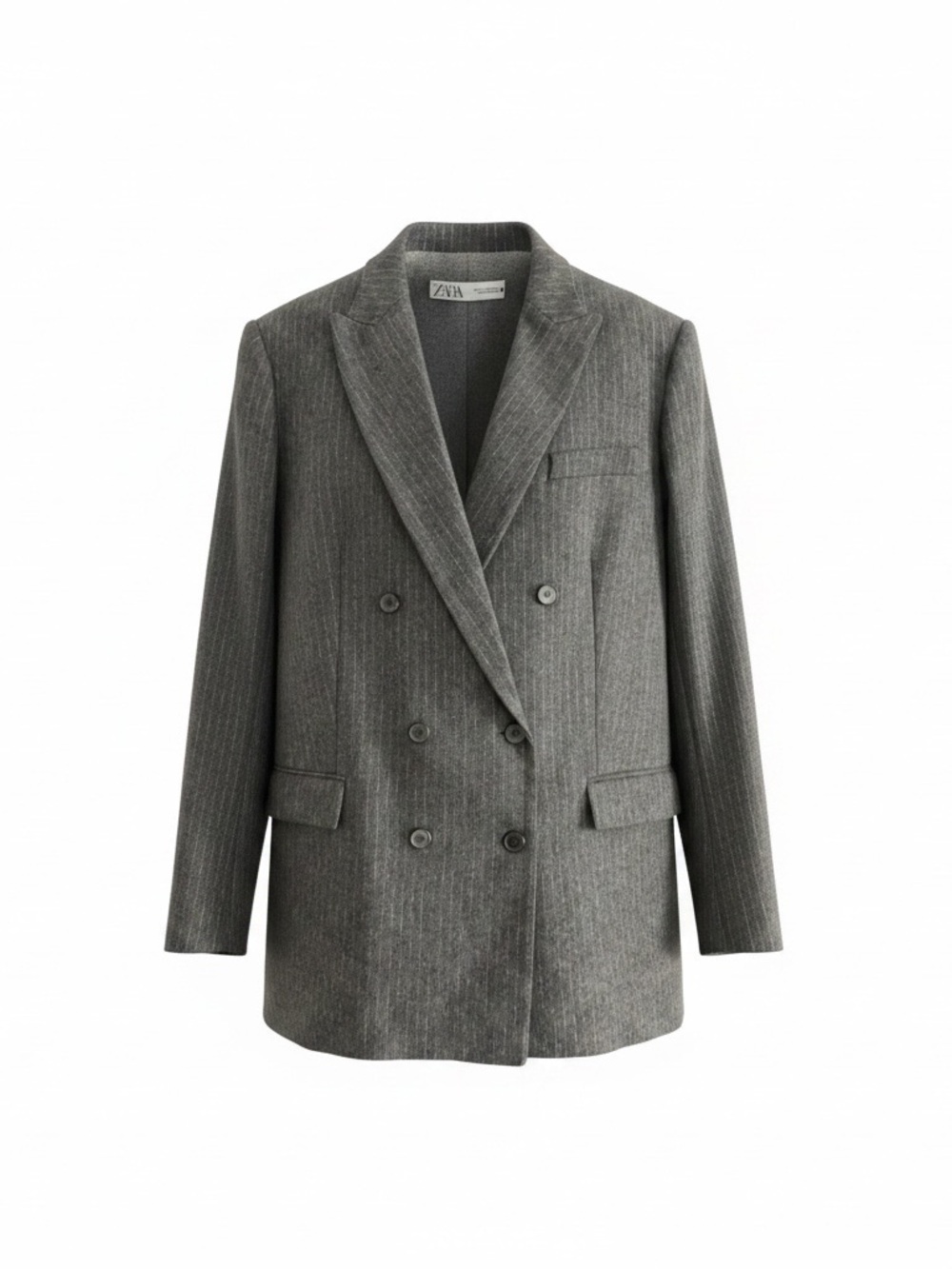 Zara Double-Breasted Pinstripe Wool Suit in Gray.